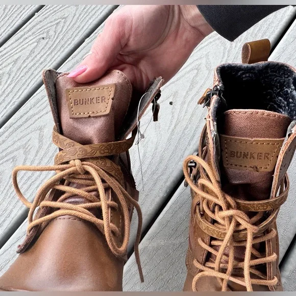 Bunker Sara Moto Boots Womens 9.5 Brown Leather Wrap Strap Combat - Picture 10 of 11